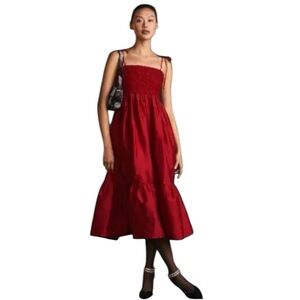NWOT Anthropologie Dhruv Kapoor Red Smocked Bodice Tiered Midi Dress Size L
